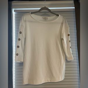 3/4 length cream sweater with button detail on sleeves